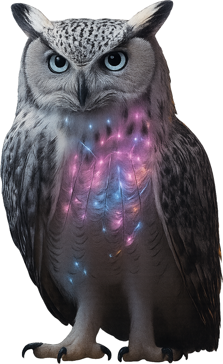 A White Great Horned Owl with a gem encrusted feathered chest stands upright looking at the user